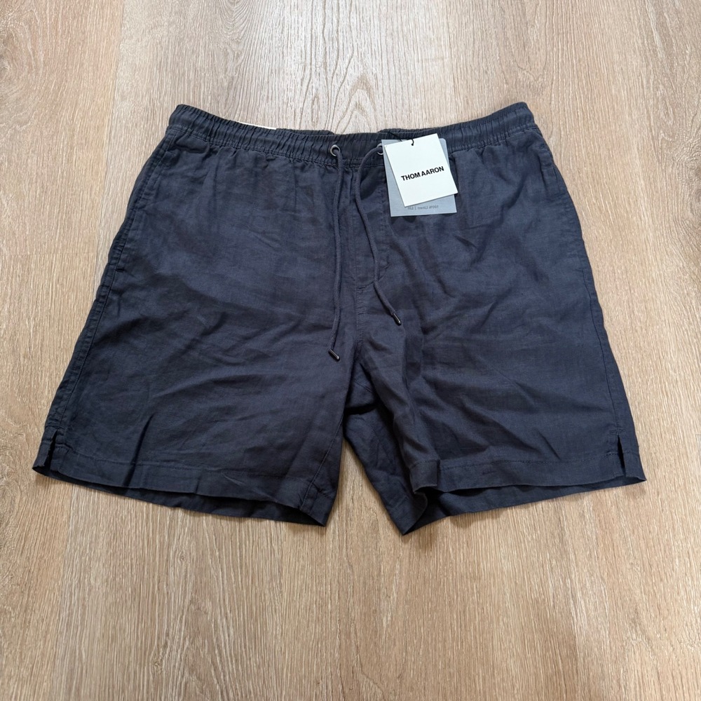 Thom Aaron 7" Inseam Linen Shorts Men Large Blue Grey Elastic Drawstring NWT